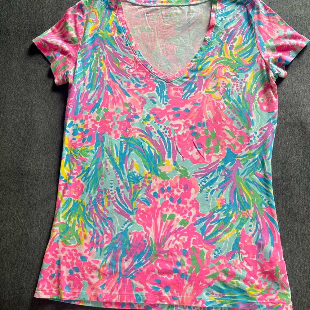 Lilly Pulitzer Pink and Blue Floral Short Sleeve Top